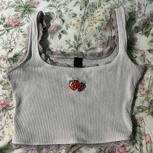 Lace-Trim Top with Strawberry Embroidery - White